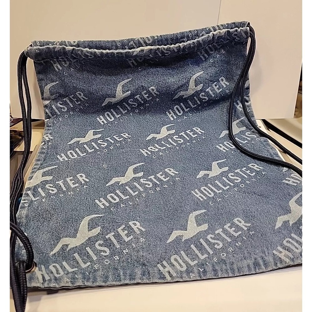 Y2K Style Hollister Bag Drawstring Denim Jean Backpack with Logo‎